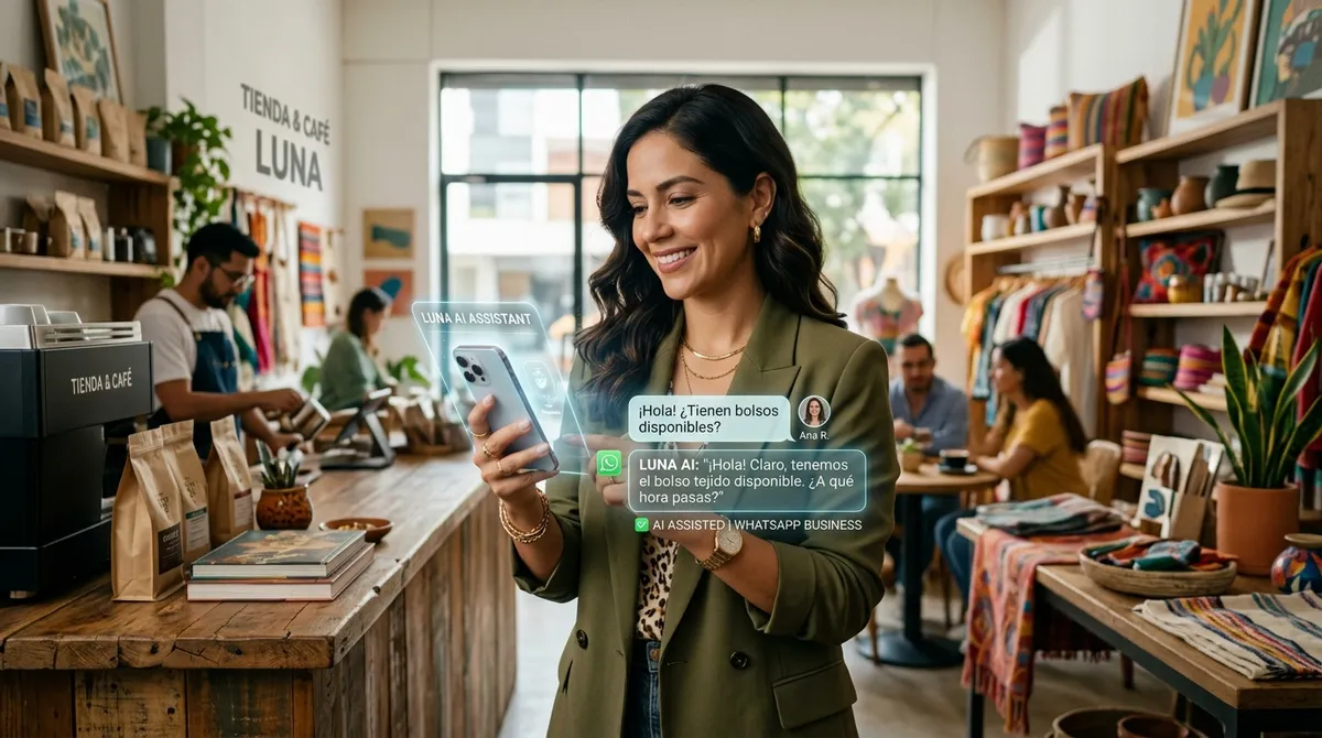 Empresaria colombiana en su comercio mientras el Agente de IA responde a clientes por WhatsApp
