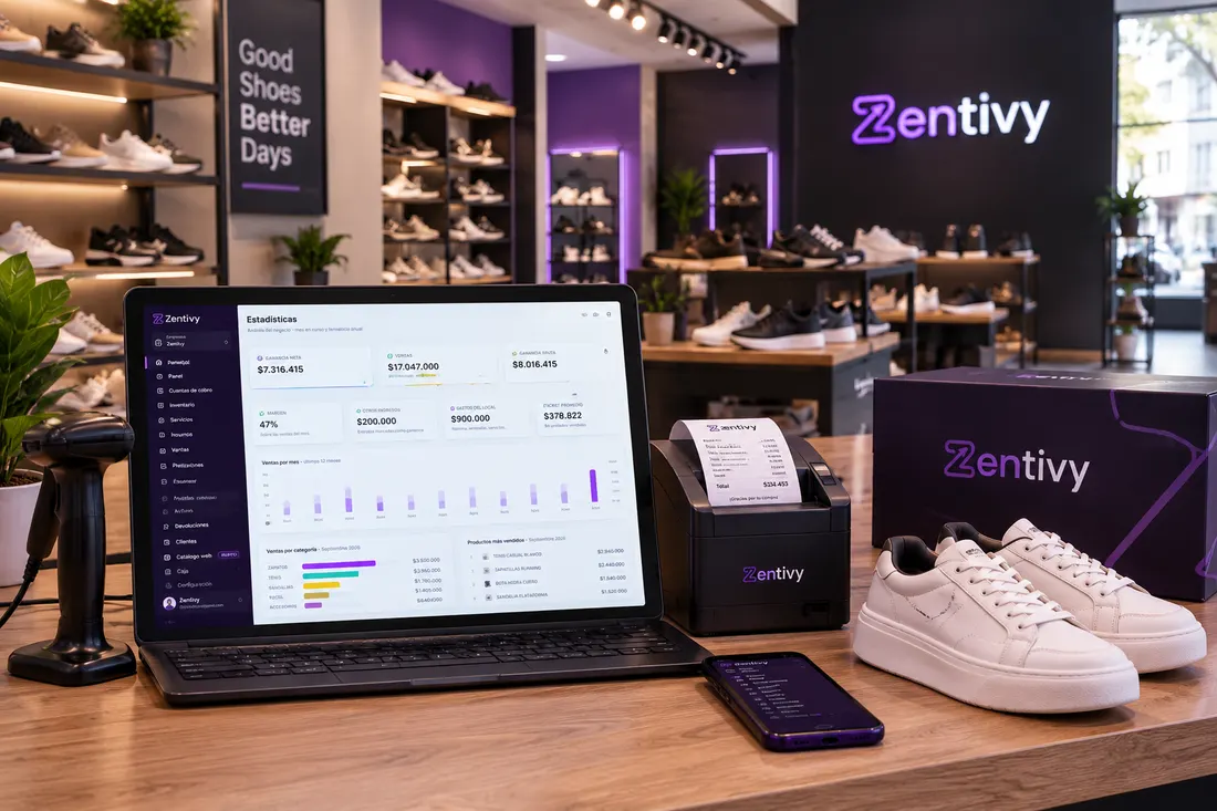 Mostrador de una tienda de calzado con las estadísticas de Zentivy en el portátil, impresora de cuentas de cobro y un par de tenis