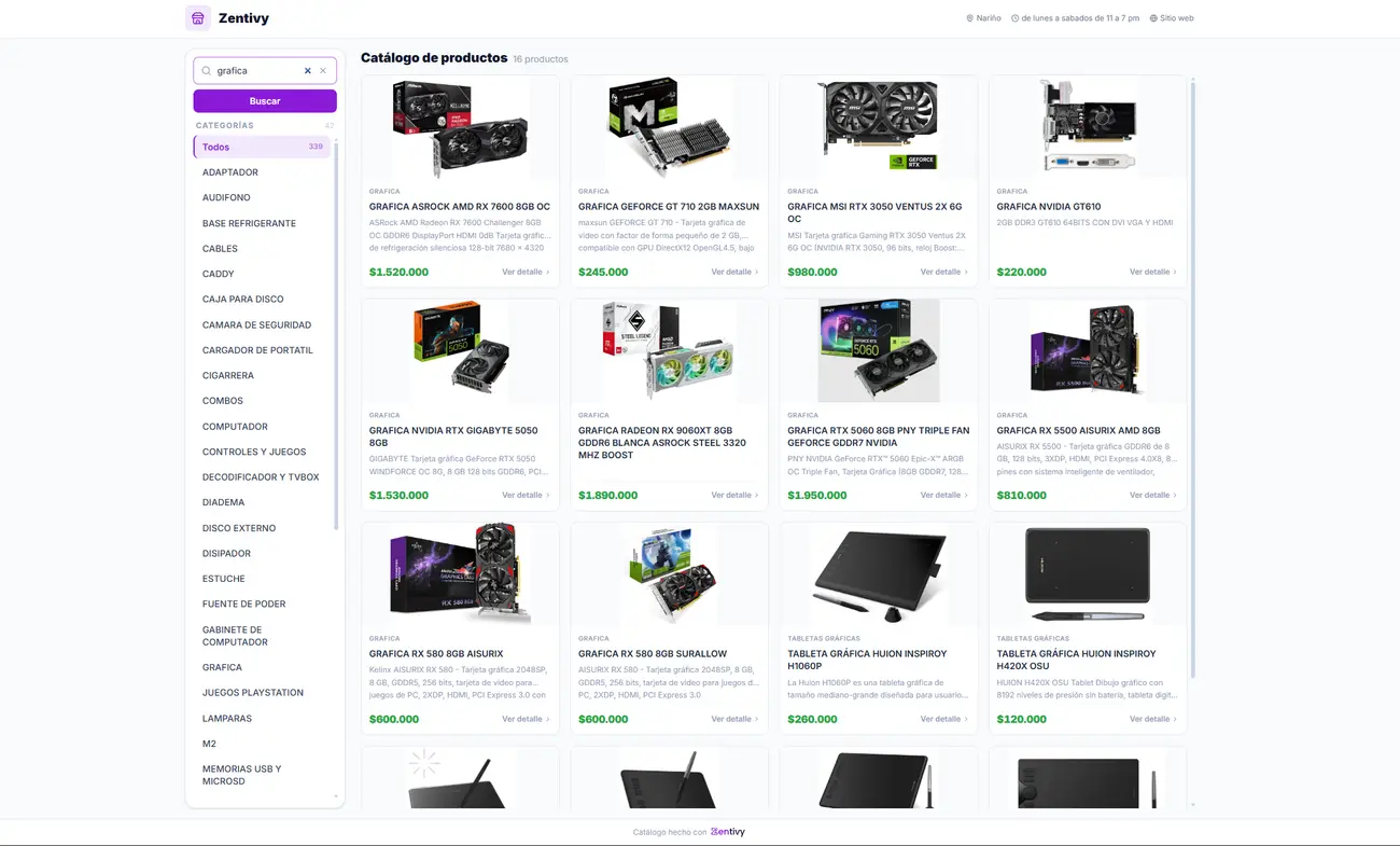 Catálogo web de Zentivy: buscador y lista de categorías a la izquierda, y una grilla de productos con foto, nombre y precio