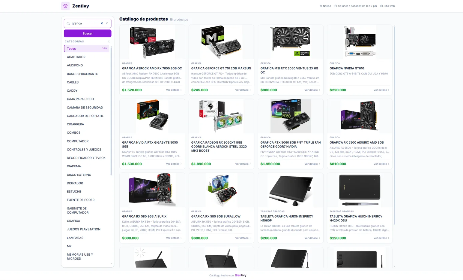 Catálogo web de Zentivy: buscador y lista de categorías a la izquierda, y una grilla de productos con foto, nombre y precio de venta