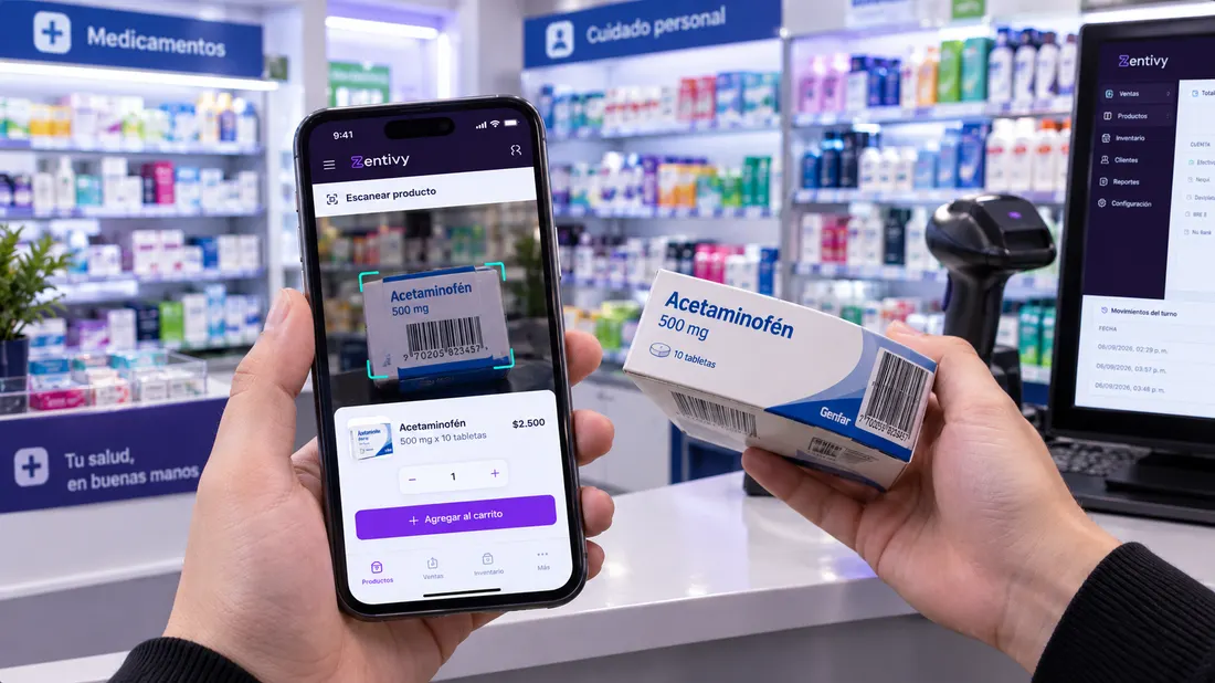 Escaneando una caja de acetaminofén con el celular en el mostrador de una droguería, con Zentivy abierto en el computador