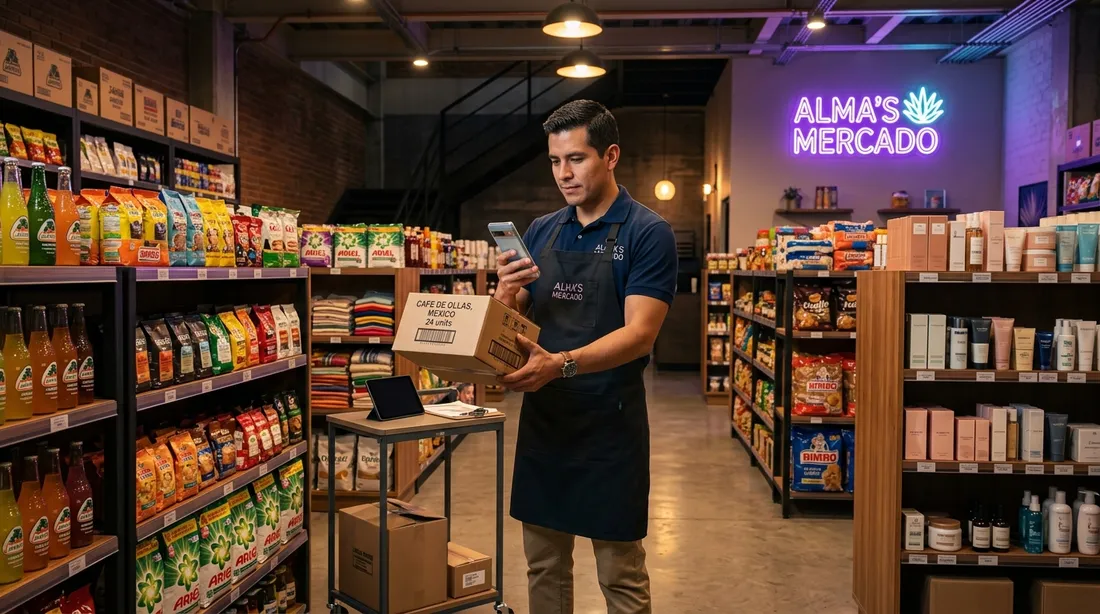Comerciante gestionando inventario y escaneando código de barras con su celular