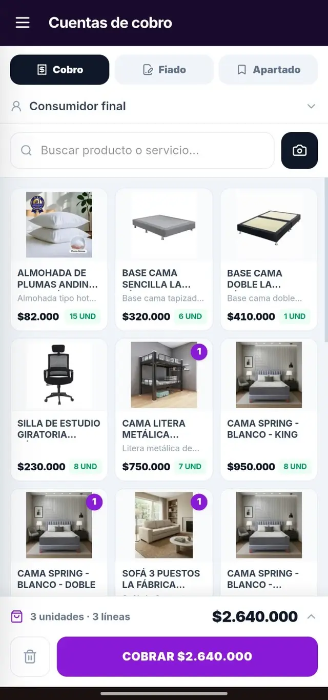 Pantalla de cuentas de cobro de Zentivy en un celular, con la grilla de productos y el botón de cobrar el total