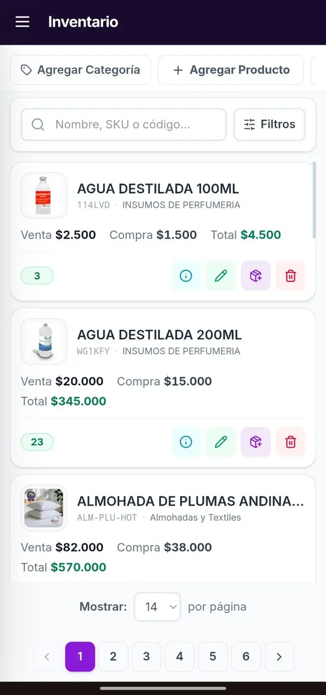 Inventario de Zentivy en un celular: cada producto con su foto, su SKU, precio de venta, precio de compra, total y existencias