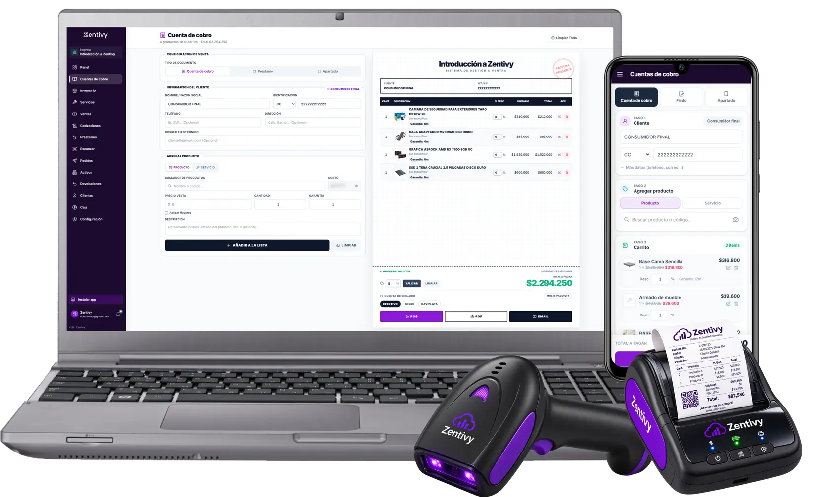 Zentivy en computador, celular, lector de código de barras e impresora POS: inventario, ventas y cuentas de cobro