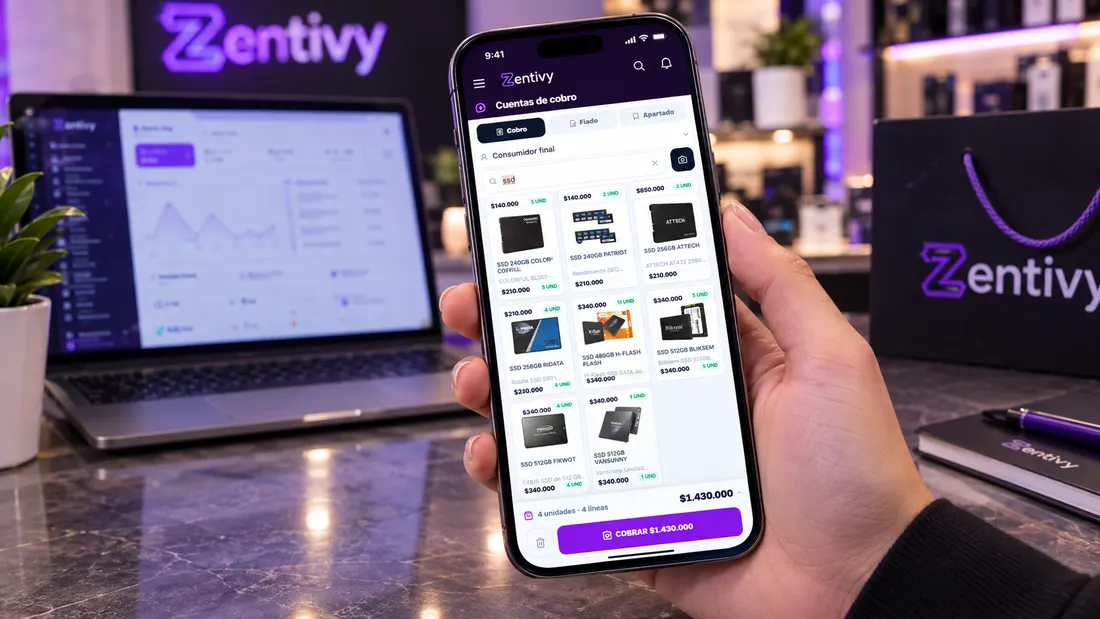 Zentivy cobrando desde el celular y desde el computador: la pantalla de venta con el total y el botón de cobrar